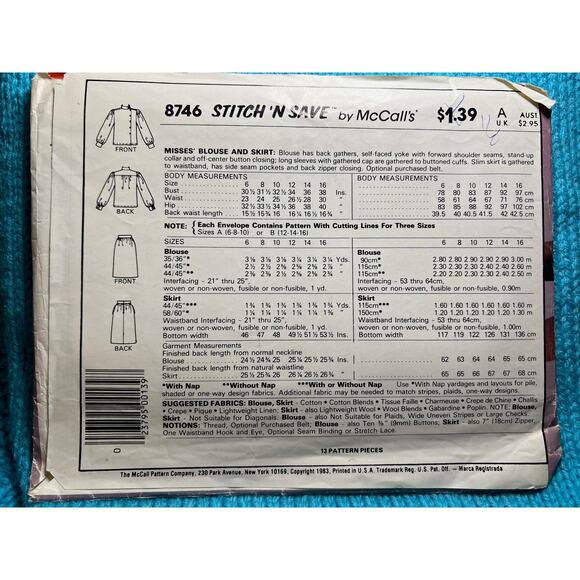 McCalls 8746 Sewing pattern high neck blouse A line skirt 1980s Size 12 14 16 - Picture 3 of 5